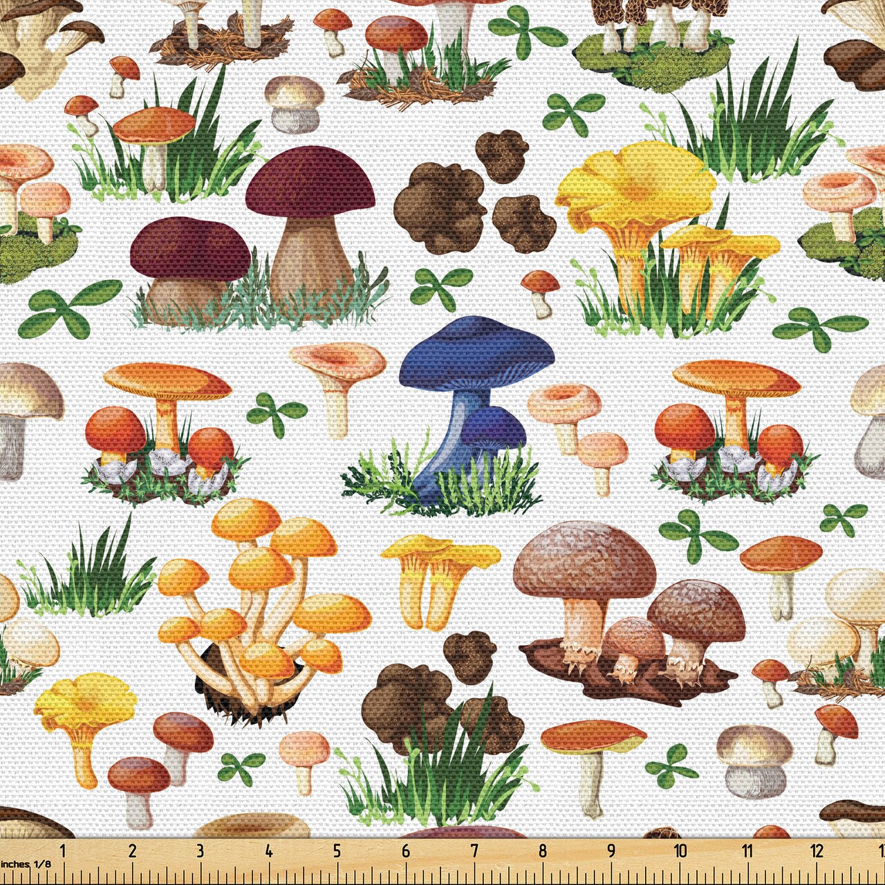 Ambesonne Mushroom Fabric by the Yard, Pattern Types of Mushrooms Wild Species Natural Organic Food Garden Theme, Decorative Fabric for Upholstery and Home Accents, 5 Yards, White Yellow
